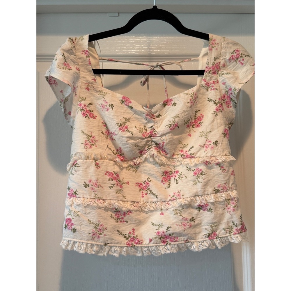 Y2K Coquette Milkmaid Top Size M Pink Floral Soft Girl Cropped